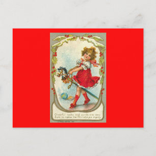Vintage kerstkaart Girl Speelgoed Horse Briefkaart