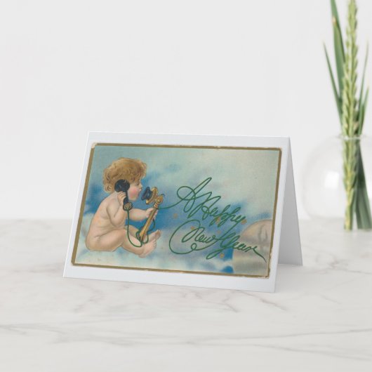 Vintage-kerstkaart | Happy New Year Angel Feestdagen Kaart (Voorkant)