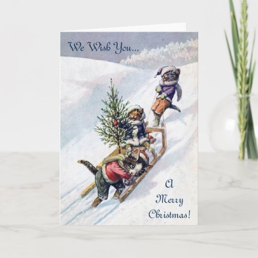 Vintage Kerstkaart, Katten & Kerstboom Feestdagen Kaart (Voorkant)