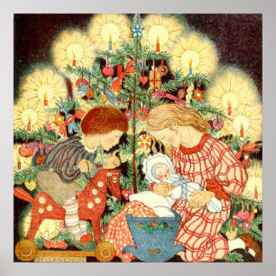 Vintage kerstkaart Kerstboom Kinderen Poster
