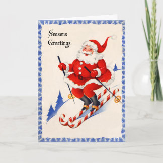 Vintage Kerstkaart - Kerstman op de Skis van het Feestdagen Kaart