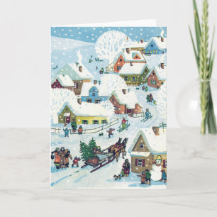 Vintage-kerstkaart   Kute Snowy Village Feestdagen Kaart