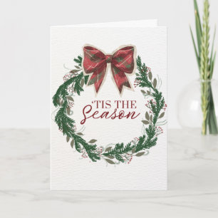 Vintage, kerstkaart met geruite strik feestdagen kaart