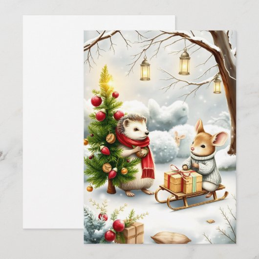 vintage kerstkaart met kerst en dieren (Voorkant / Achterkant)