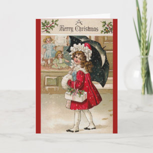 Vintage Kerstkaart met Paraplu Meisje Feestdagen Kaart