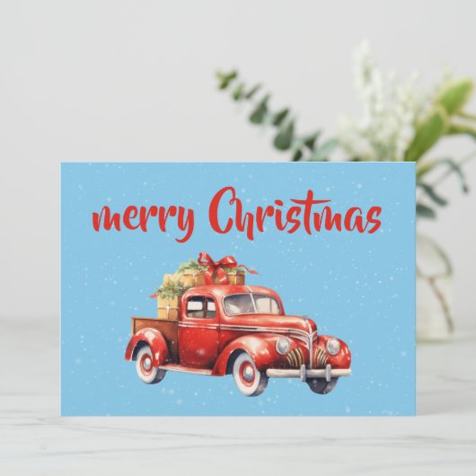 Vintage Kerstkaart rustiek ontwerp rode auto (Staand voorkant)