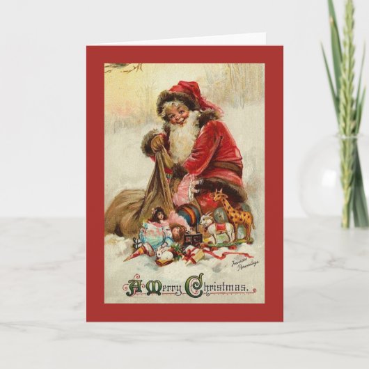 Vintage-kerstkaart | Santa met cadeaus Feestdagen Kaart (Voorkant)
