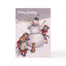 Vintage Kerstkaart, Sneeuwman & Katten