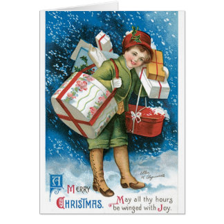 Vintage kerstKaart Snow Boy Gifts Cadeaus
