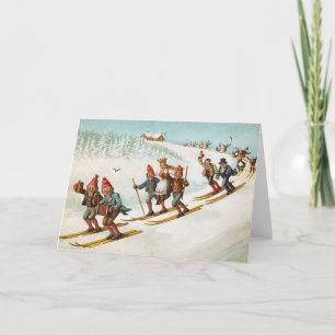 Vintage-kerstkaart   Village Gnomes Ski Norway Feestdagen Kaart