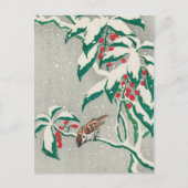 Vintage-kerstkaart | Vogel in Snow Holly Feestdagenkaart (Voorkant)