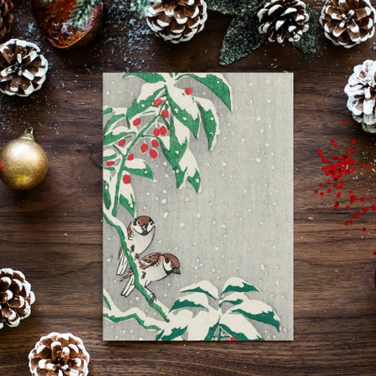 Vintage-kerstkaart | Vogels in Snow Holly Feestdagenkaart