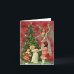 Vintage-kerstkaart voor juffrouw en kind bedankkaart<br><div class="desc">Een ,  unieke kerstkaart heeft een engeltje van de Guardian en kinderen die in een kerstboom spelen,  gelukkig en vrolijk. De rode achtergrond geeft warme gevoelens en vrolijke gedachten over kerstvibes. Met een vrolijke kerstwens sjabloon en een familienaam die allemaal kan worden aangepast.</div>