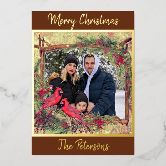 Vintage kerstkardinalen foto lijst folie folie feestdagenkaart (Voorkant)