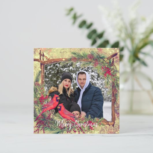 Vintage kerstkardinals foto-lijst feestdagenkaart (Staand voorkant)