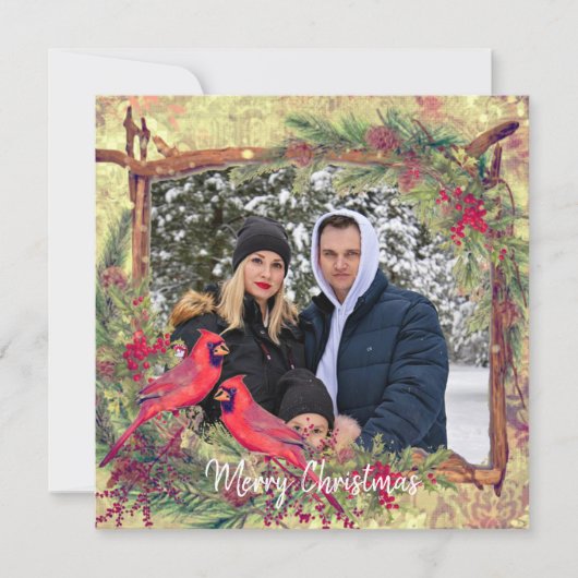 Vintage kerstkardinals foto-lijst feestdagenkaart (Voorkant)