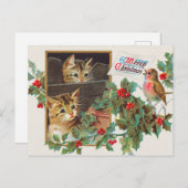 Vintage-kerstkat en Holly Berry Briefkaart (Voorkant / Achterkant)