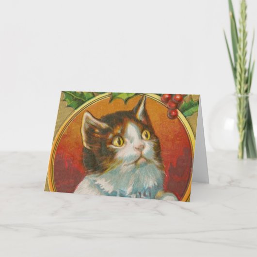 Vintage kerstkat feestdagen kaart (Voorkant)