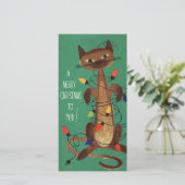 Vintage kerstkat in het licht vakantie Kaart (Staand voorkant)