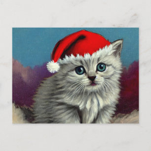 Vintage Kerstkat in Santa Hat Briefkaart