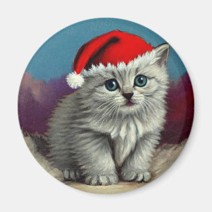 Vintage Kerstkat in Santa Hat Magneet