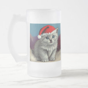 Vintage Kerstkat in Santa Hat Matglas Bierpul