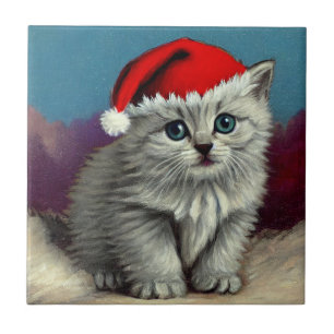 Vintage Kerstkat in Santa Hat Tegeltje