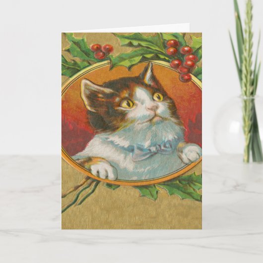 Vintage kerstkat Kitten Holly Berries Cute Feestdagen Kaart (Voorkant)