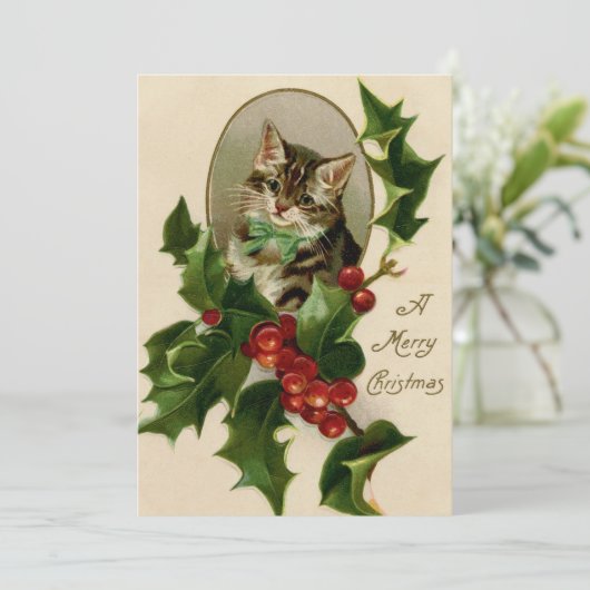 Vintage Kerstkat met Holly Kaart (Staand voorkant)