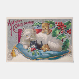 Vintage Kerstkat met Kittens Vrolijk Kerstfeest Deurmat