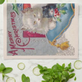 Vintage Kerstkat met Kittens Vrolijk Kerstfeest Theedoek (Gevouwen)