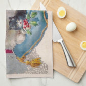 Vintage Kerstkat met Kittens Vrolijk Kerstfeest Theedoek (Quarter Fold)