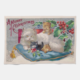 Vintage Kerstkat met Kittens Vrolijk Kerstfeest Theedoek
