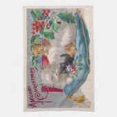 Vintage Kerstkat met Kittens Vrolijk Kerstfeest Theedoek (Verticaal)