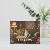 Vintage kerstkat op bank, kerstboom feestdagenkaart (Staand voorkant)
