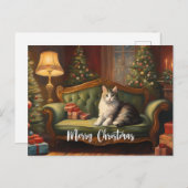 Vintage kerstkat op bank, kerstboom feestdagenkaart (Voorkant / Achterkant)