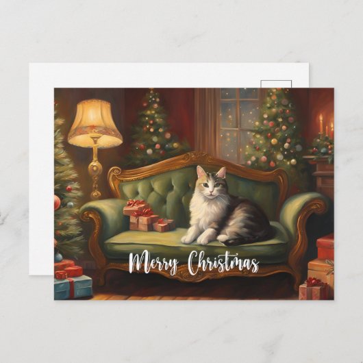 Vintage kerstkat op bank, kerstboom feestdagenkaart (Voorkant / Achterkant)