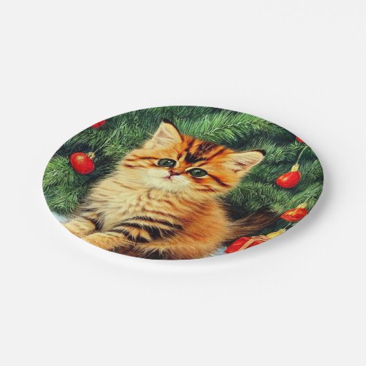 Vintage kerstkat papieren bordje (Gekanteld)