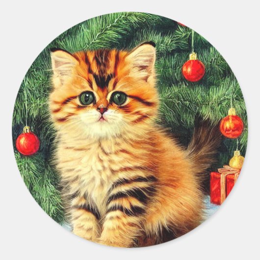 Vintage kerstkat ronde sticker (Voorkant)