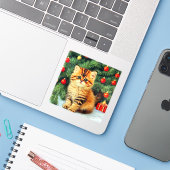 Vintage kerstkat sticker (Laptop met iPhone)