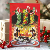 Vintage kerstkat Stockings Fireplace Feestdagen Kaart