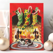 Vintage kerstkat Stockings Fireplace Feestdagen Kaart