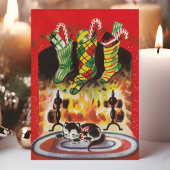 Vintage kerstkat Stockings Fireplace Feestdagen Kaart