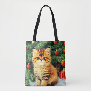Vintage kerstkat tote bag
