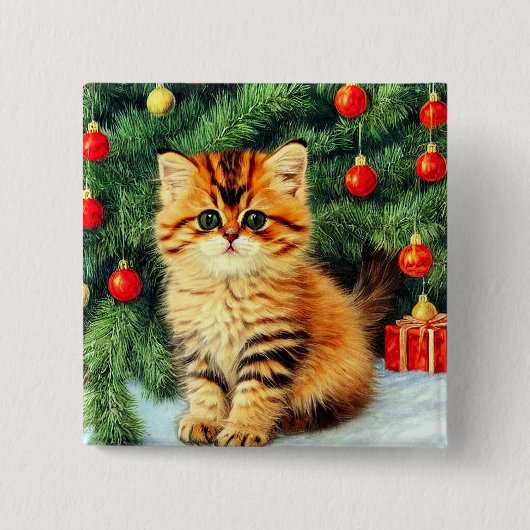 Vintage kerstkat vierkante button 5,1 cm (Voorkant)