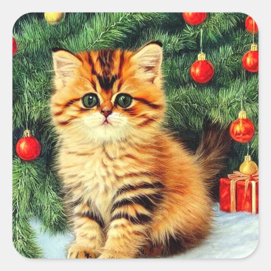 Vintage kerstkat vierkante sticker (Voorkant)