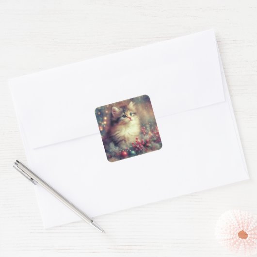 Vintage kerstkat vierkante sticker (Envelop)