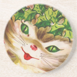 vintage-kerstkat zandsteen onderzetter