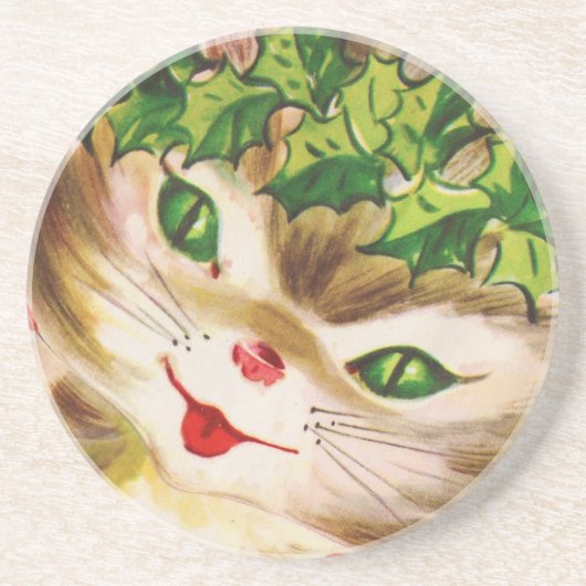 vintage-kerstkat zandsteen onderzetter (Voorkant)