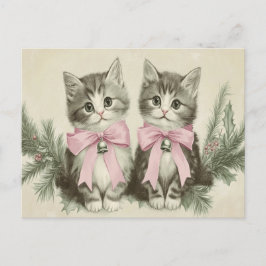 Vintage Kerstkatjes met Roze Strikken Briefkaart